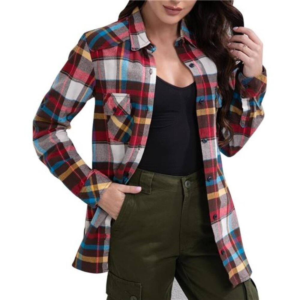 Match Womens Button Down Flannel Plaid Shirts roll up Long Sleeve Shackets